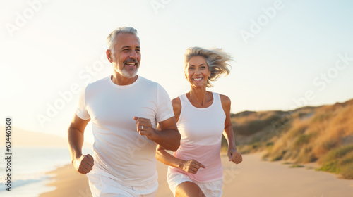 A retired couple running on the beach, healthy lifestyle jogging, happy run, mature