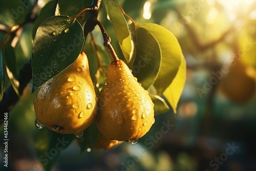 Ripe green pears on tree branch with green leaves and water drops in fruit garden, close-up. Sunlight and blurry background.