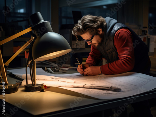 Fotografía de un ingeniero analizando planos bajo el cálido resplandor de una lámpara de escritorio.