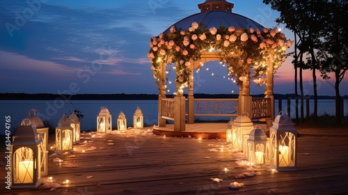 A cozy evening on the ocean, a gazebo in flowers, lanterns, sunset. AI generation
