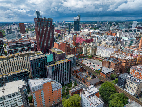 Aerial view of Manchester downtown and skyline development, photographed abbe oxford Road. 