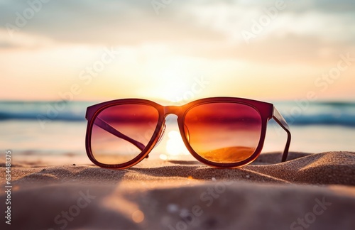 Glasses on Sunset beach in summertime