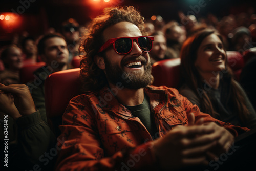 young man with curly hair sitting in the cinema and watching movie,eating tasty popcorn and enjoying