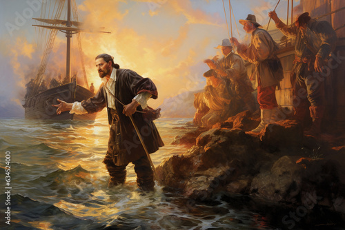 Illustration of a european explorer reaching landfall in new world country. 