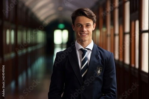 Portrait of a smiling young businessman standing in corridor of office building