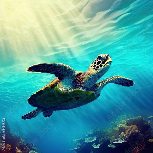Swimming with sea turtles in tropical reef
