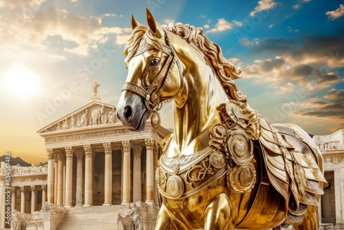 Decorated horse in front of ancient roman o greek scenery