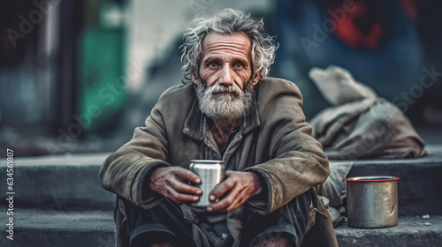 A homeless beggar man sitting outdoors in city asking for money donation. Generative Ai