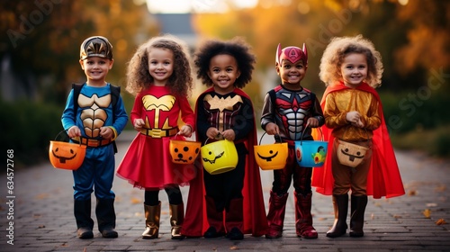 Adorable trick-or-treaters in cute superhero costumes holding out their candy bags.