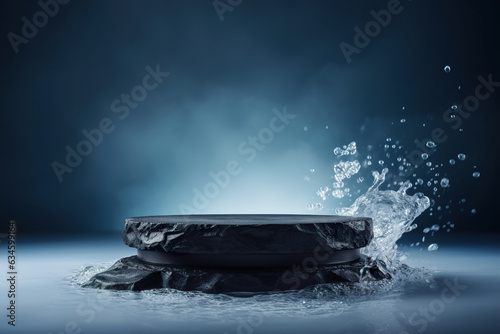 Black stone podium with water splash. Mock up for product, cosmetic presentation. Pedestal, platform for beauty products. Empty scene. Stage, display, showcase. Podium with copy space. Generative AI.