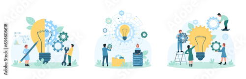 Business project development, improvement and idea implementation set vector illustration. Cartoon tiny people create idea innovation, put gear in digital circuit with light bulb, change settings