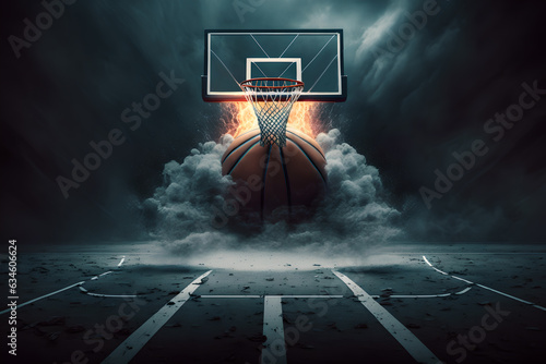 League basketball. Advertising poster. Graphic art. Creative illustration championship presentation ball explosion clouds under ring hoop on black background.