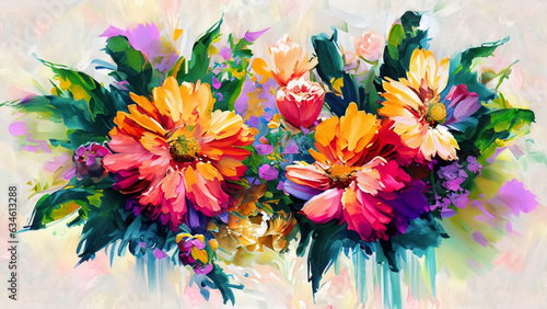 Bunch of Colorful Flowers Brush Strokes Painting.