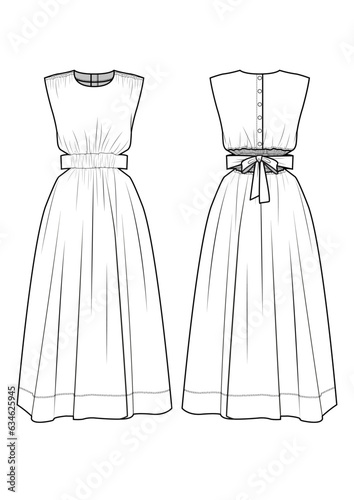 summer long maxi dress sleeveless waistband tie cutout back placket technical drawing / flat sketch /CAD / ADOBE Illustrator vector digital download