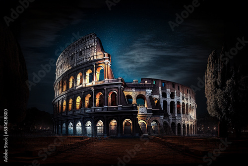 Colosseum illuminated at night, travel and tourism famous italian landmark attraction in Rome, Italy imagined by AI