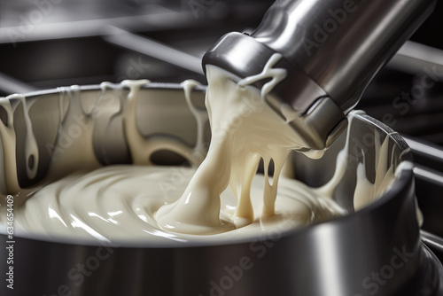 Macro shot of a homogenizer efficiently emulsifying milk and cream for dairy production