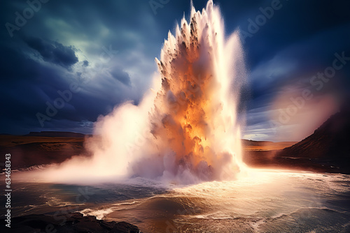 With a formidable eruption, a geyser displays nature's explosive power, raw energy, and the unpredictability of the Earth's forces
