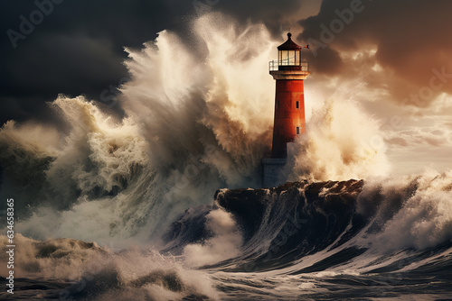 Defiant waves crash upon a sturdy lighthouse, echoing the resilience and fortitude needed to face overwhelming challenges