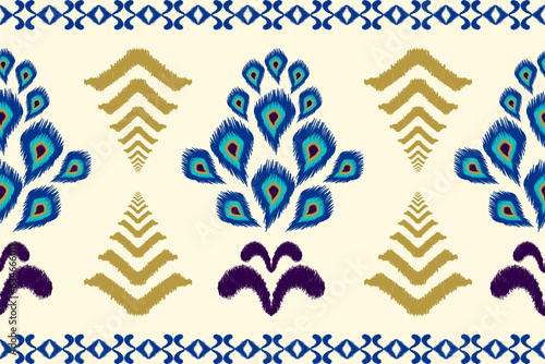 African Ikat paisley embroidery on navy blue background. Peacocks feather ethnic oriental seamless pattern traditional.Aztec style abstract vector illustration.design for texture,fabric,clothing.