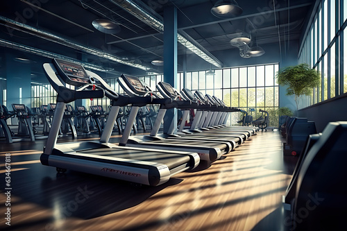 Energizing Morning Workouts Inside a Modern Fitness Center Gym Club with Treadmills on a Sunny Day. created with Generative AI