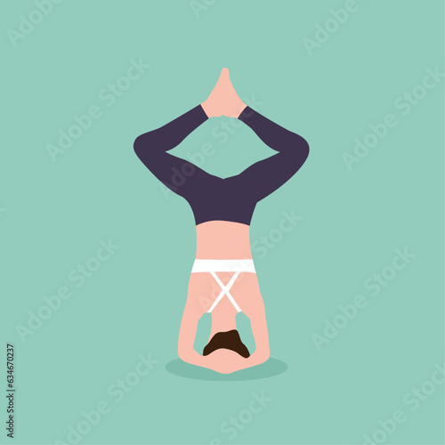 Vector illustration of woman practicing bound angle headstand yoga in Baddha Kona Sirsasana. 