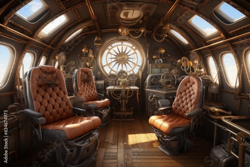 Technological interior of an airship, steampunk style. Generative AI