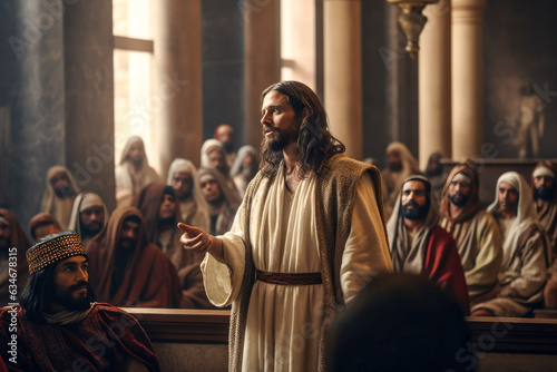 Jesus Christ preaching to the people and to pharisees in the Sanhedrin Generative AI Illustration