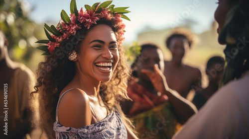 The woman capturing a candid moment with locals during a traditional dance performance in Fiji, celebrating cultural exchange 