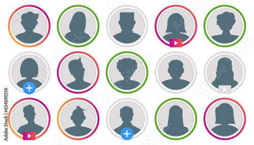 User avatar collection for social media. Set of frame live stories user. People avatar in circle frame for social media
