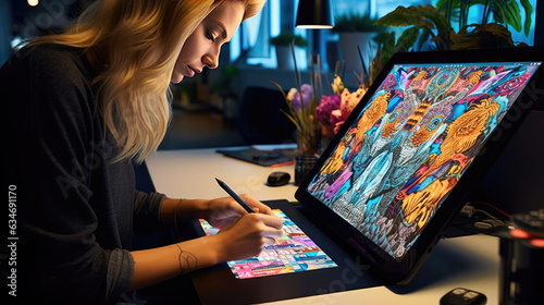 A digital artist creating design on computer