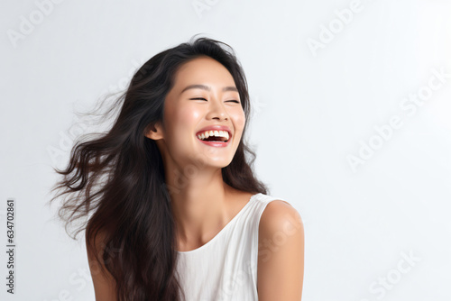 A close-up shot of a radiant young Asian woman, smiling with impeccable teeth. Designed for a dental promotion. With a white background. Crafted following the rule of thirds. Generative AI.