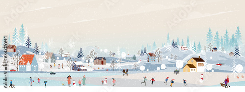 Christmas background,Winter Landscape in Christmas eve at night in City,Vector cute cartoon Winter Wonderland in the town,People celebration in the park on New Year,Banner Design for Holiday season