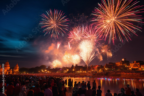 Vibrant fireworks lighting up the night sky, Diwali, the triumph of light and kindness Generative AI