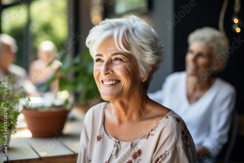 outdoor cafe on a sunny summer evening Retirement woman having fun outdoors Retirement hobbies and leisure activities for the elderly