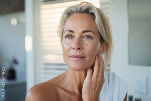 Headshot of gorgeous mid age adult 50 years old blonde woman standing in bathroom after shower touching face, looking at reflection in mirror doing morning beauty routine. Older skin care concept.