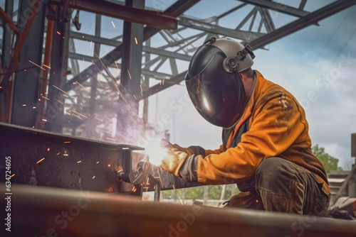 A skilled welder, equipped with appropriate safety measures, is joining two metal pieces of a metal structure at a construction site.