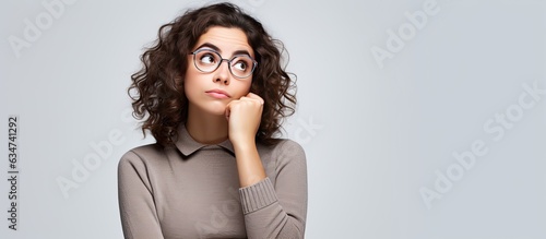 Young woman looking away in confusion with white background