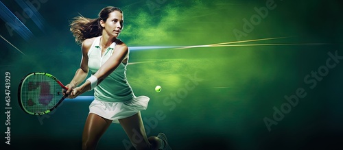 British tennis competition featuring a Caucasian woman playing tennis with new matches on a green background digital composite with racket copy space spor
