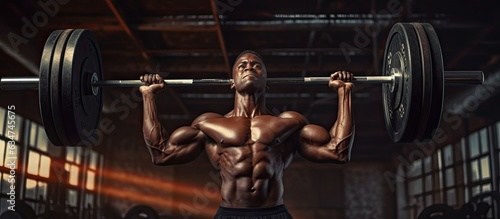 Black male bodybuilder exercising at the gym focusing on his arms while looking towards an open area Fit African American man working out his biceps Pr