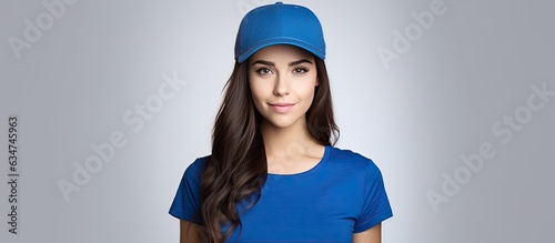 Attractive brunette promoter with blue shirt and cap standing on white background with space for text