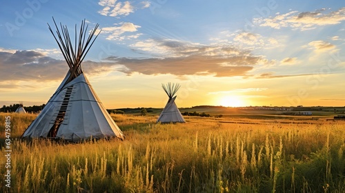 Native American wigwams in the fields. Created using generative AI technology.