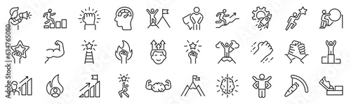 Set of 30 outline icons related to motivation. Linear icon collection. Editable stroke. Vector illustration