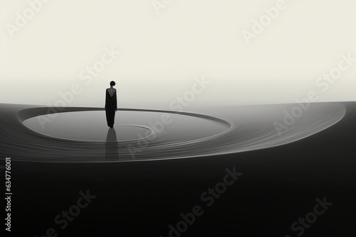 Amidst shadowed ripples: one figure, solitude deepened by the embrace of dark waters.