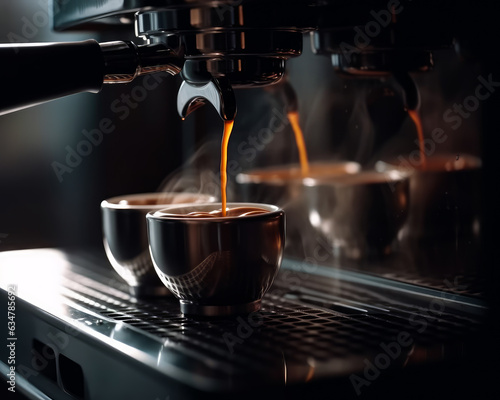 Coffee being poured into a cup from a coffee machine.Espresso being poured into three cups in a coffee shop