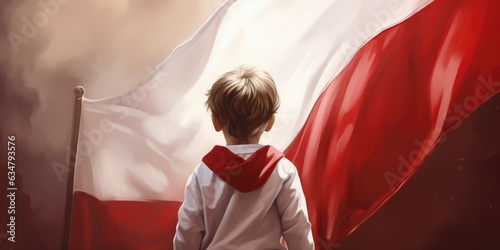 Little boy looking at Poland flag. Poland independence day. Polish kid