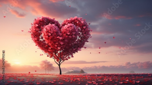 Photo of a stunning pink heart-shaped tree standing alone in a vast field created with Generative AI technology