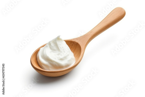 Sour cream in the wooden spoon isolated on white background.Generative Ai.