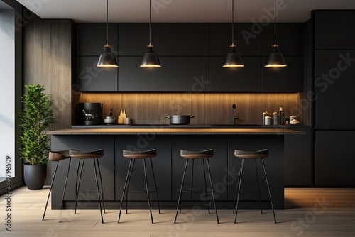  modern kitchen with black cupboards, a wooden floor, a bar, stools, and a lamp, positioned near a window.