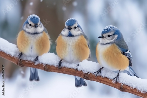 Titmouse birds on branch with snow winter.Generative Ai.