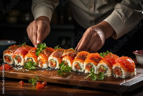Les mains d'un chef cuisinier préparant des rouleaux de Sushi maki et les arrangeant et les décorant pour un concept de restaurants chinois ou japonais. IA générative